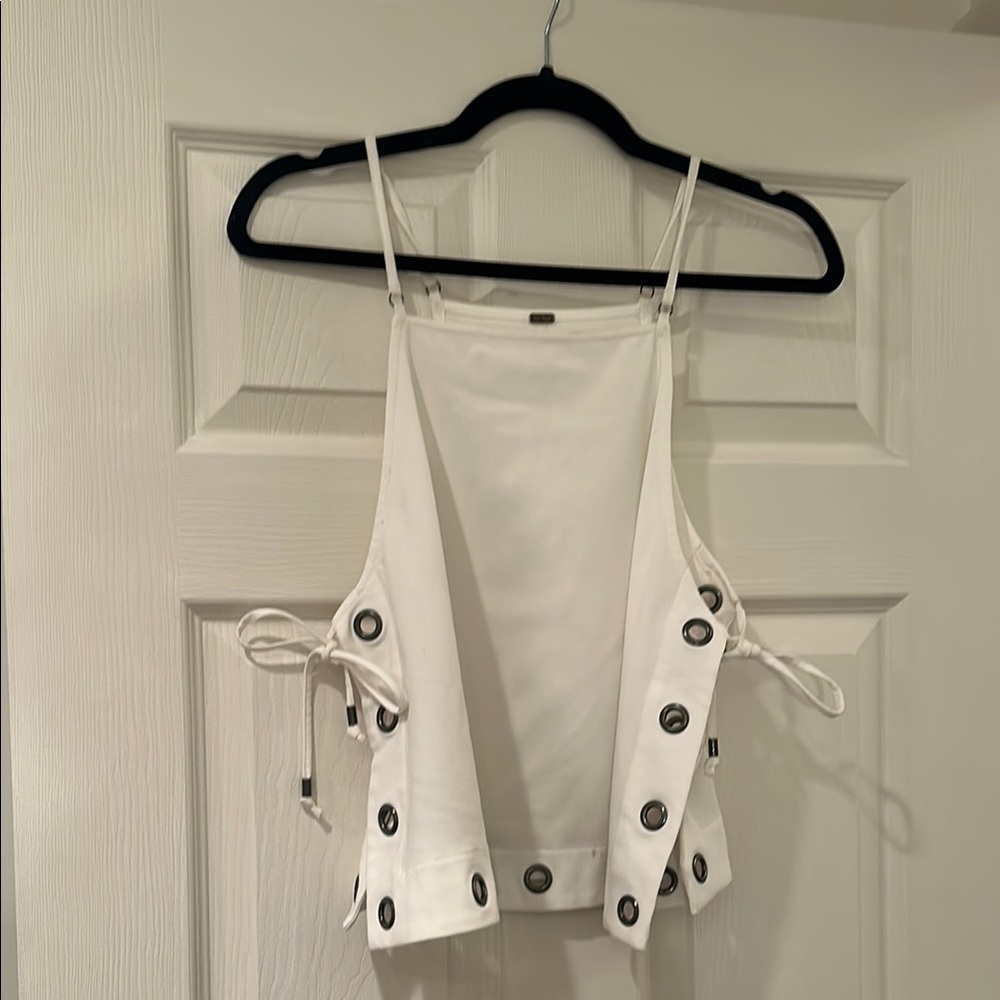 Free People White Sleeveless Tank Top with Cut Out Tie Front